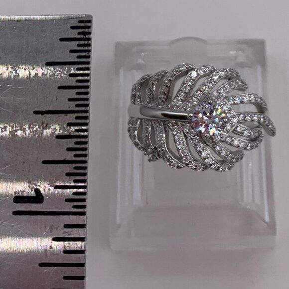 Ring, solid 925 sterling, feather motif, lab created gems, sz 7 - Picture 9 of 16